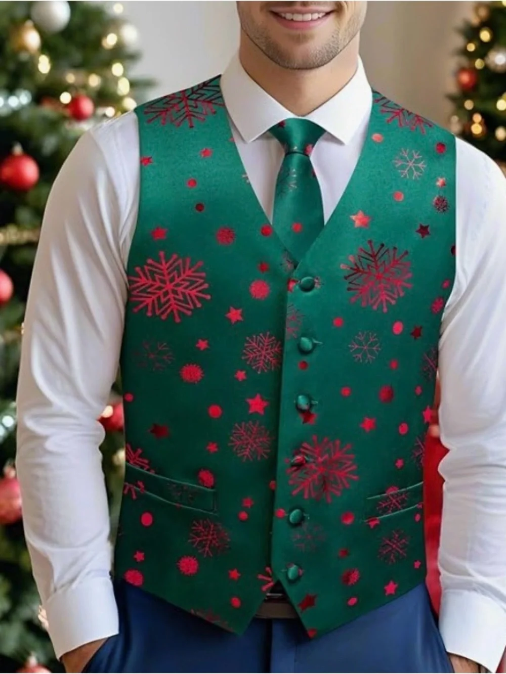 Men’s Christmas Silk Vest Green Red Snowflake XL Festive Party Tuxedo